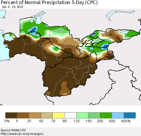 Central Asia Percent of Normal Precipitation 5-Day (CPC) Thematic Map For 4/6/2023 - 4/10/2023