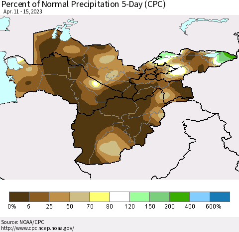 Central Asia Percent of Normal Precipitation 5-Day (CPC) Thematic Map For 4/11/2023 - 4/15/2023