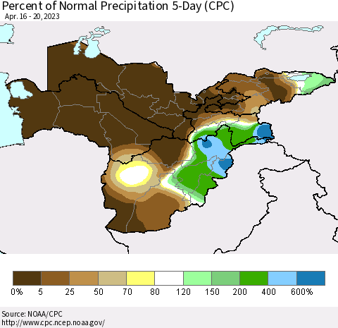 Central Asia Percent of Normal Precipitation 5-Day (CPC) Thematic Map For 4/16/2023 - 4/20/2023
