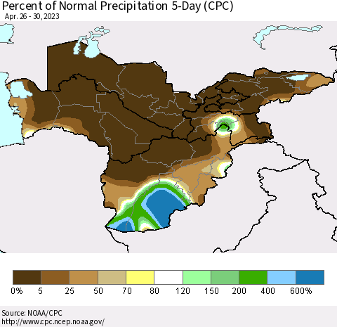 Central Asia Percent of Normal Precipitation 5-Day (CPC) Thematic Map For 4/26/2023 - 4/30/2023