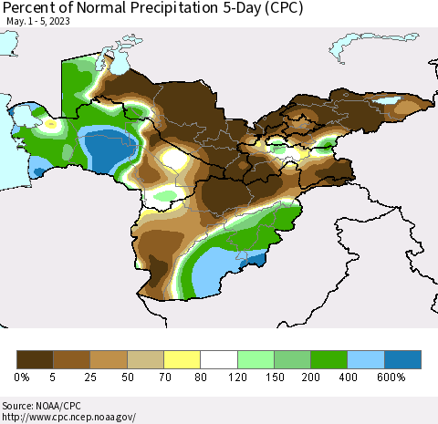Central Asia Percent of Normal Precipitation 5-Day (CPC) Thematic Map For 5/1/2023 - 5/5/2023