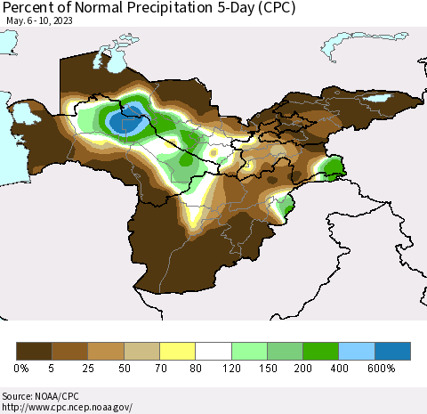 Central Asia Percent of Normal Precipitation 5-Day (CPC) Thematic Map For 5/6/2023 - 5/10/2023