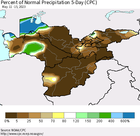Central Asia Percent of Normal Precipitation 5-Day (CPC) Thematic Map For 5/11/2023 - 5/15/2023