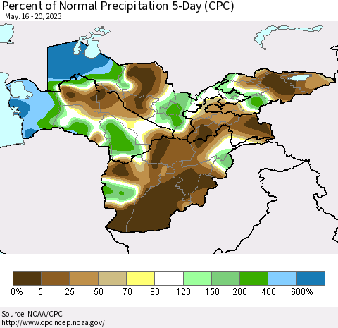 Central Asia Percent of Normal Precipitation 5-Day (CPC) Thematic Map For 5/16/2023 - 5/20/2023