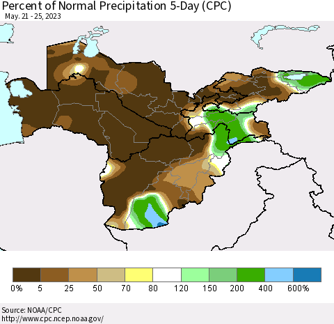 Central Asia Percent of Normal Precipitation 5-Day (CPC) Thematic Map For 5/21/2023 - 5/25/2023
