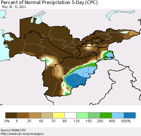 Central Asia Percent of Normal Precipitation 5-Day (CPC) Thematic Map For 5/26/2023 - 5/31/2023