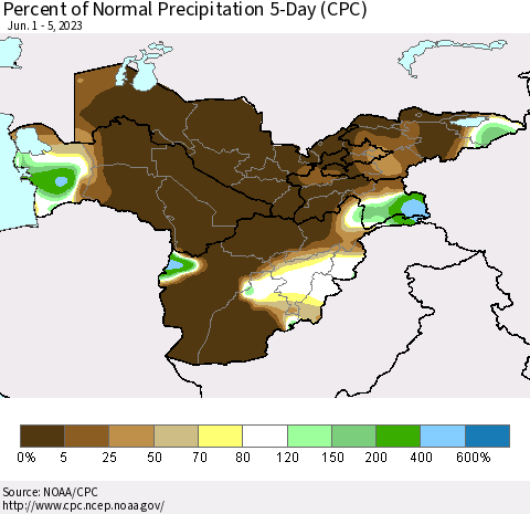 Central Asia Percent of Normal Precipitation 5-Day (CPC) Thematic Map For 6/1/2023 - 6/5/2023