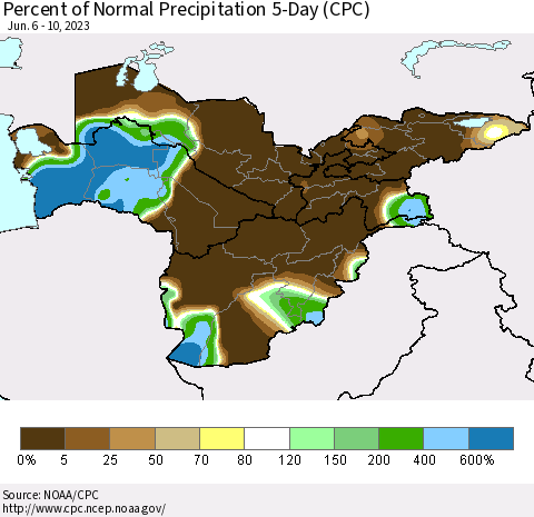 Central Asia Percent of Normal Precipitation 5-Day (CPC) Thematic Map For 6/6/2023 - 6/10/2023