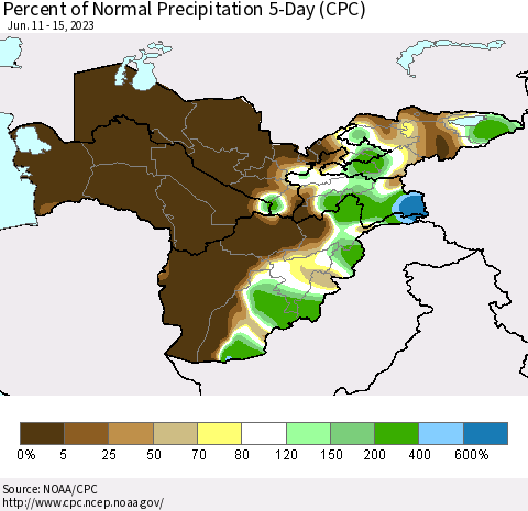 Central Asia Percent of Normal Precipitation 5-Day (CPC) Thematic Map For 6/11/2023 - 6/15/2023