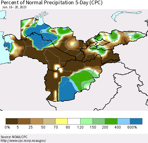 Central Asia Percent of Normal Precipitation 5-Day (CPC) Thematic Map For 6/16/2023 - 6/20/2023