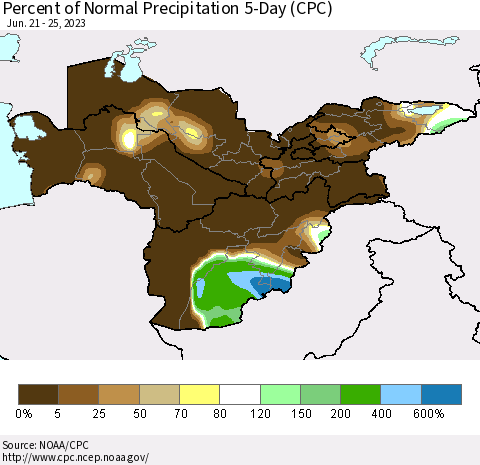 Central Asia Percent of Normal Precipitation 5-Day (CPC) Thematic Map For 6/21/2023 - 6/25/2023