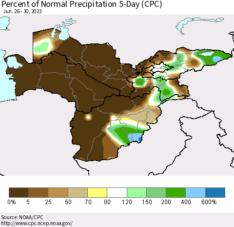 Central Asia Percent of Normal Precipitation 5-Day (CPC) Thematic Map For 6/26/2023 - 6/30/2023