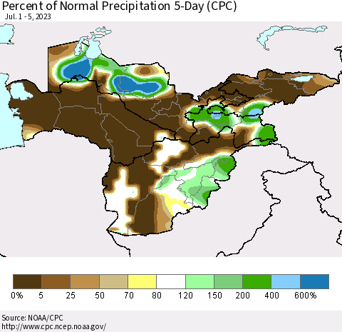 Central Asia Percent of Normal Precipitation 5-Day (CPC) Thematic Map For 7/1/2023 - 7/5/2023
