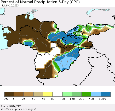 Central Asia Percent of Normal Precipitation 5-Day (CPC) Thematic Map For 7/6/2023 - 7/10/2023