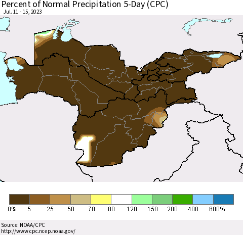 Central Asia Percent of Normal Precipitation 5-Day (CPC) Thematic Map For 7/11/2023 - 7/15/2023