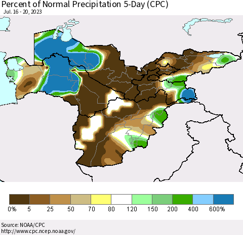 Central Asia Percent of Normal Precipitation 5-Day (CPC) Thematic Map For 7/16/2023 - 7/20/2023