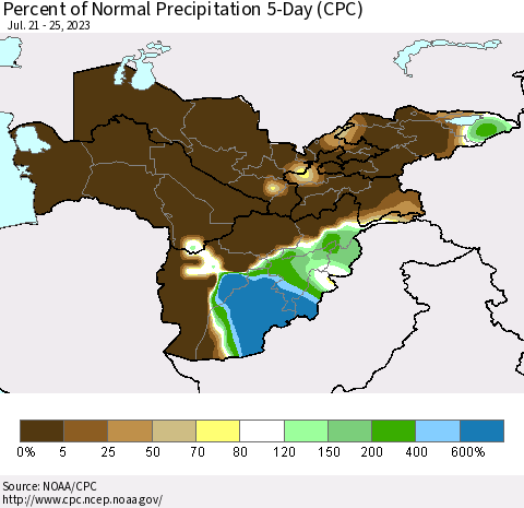 Central Asia Percent of Normal Precipitation 5-Day (CPC) Thematic Map For 7/21/2023 - 7/25/2023