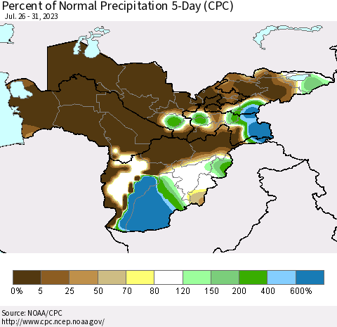 Central Asia Percent of Normal Precipitation 5-Day (CPC) Thematic Map For 7/26/2023 - 7/31/2023