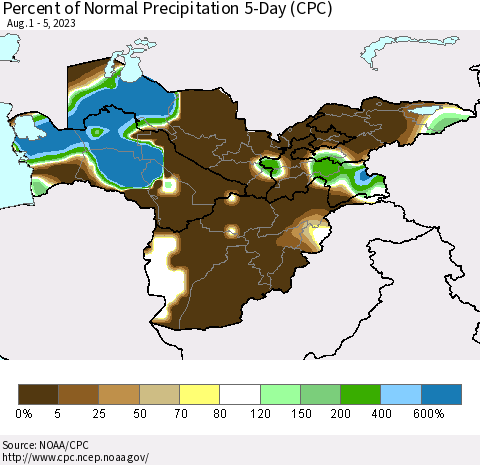 Central Asia Percent of Normal Precipitation 5-Day (CPC) Thematic Map For 8/1/2023 - 8/5/2023