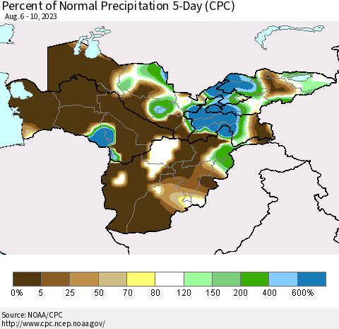 Central Asia Percent of Normal Precipitation 5-Day (CPC) Thematic Map For 8/6/2023 - 8/10/2023