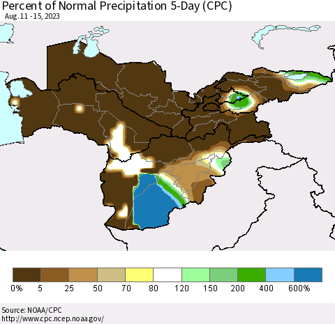 Central Asia Percent of Normal Precipitation 5-Day (CPC) Thematic Map For 8/11/2023 - 8/15/2023