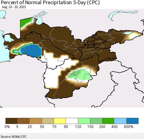 Central Asia Percent of Normal Precipitation 5-Day (CPC) Thematic Map For 8/16/2023 - 8/20/2023