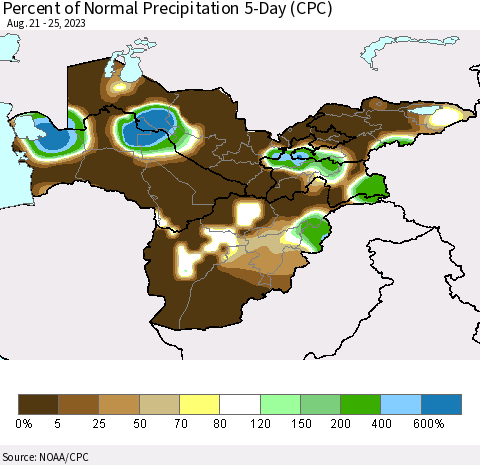 Central Asia Percent of Normal Precipitation 5-Day (CPC) Thematic Map For 8/21/2023 - 8/25/2023