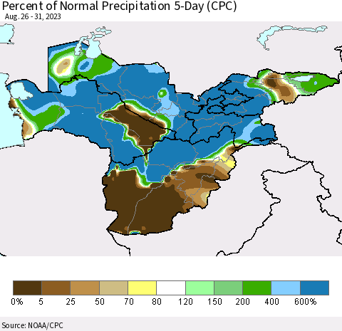 Central Asia Percent of Normal Precipitation 5-Day (CPC) Thematic Map For 8/26/2023 - 8/31/2023