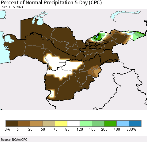 Central Asia Percent of Normal Precipitation 5-Day (CPC) Thematic Map For 9/1/2023 - 9/5/2023