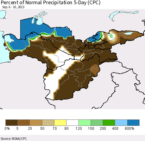 Central Asia Percent of Normal Precipitation 5-Day (CPC) Thematic Map For 9/6/2023 - 9/10/2023