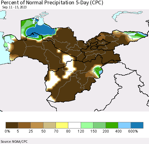 Central Asia Percent of Normal Precipitation 5-Day (CPC) Thematic Map For 9/11/2023 - 9/15/2023