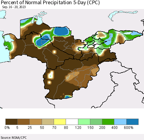 Central Asia Percent of Normal Precipitation 5-Day (CPC) Thematic Map For 9/16/2023 - 9/20/2023