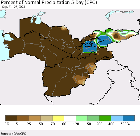 Central Asia Percent of Normal Precipitation 5-Day (CPC) Thematic Map For 9/21/2023 - 9/25/2023