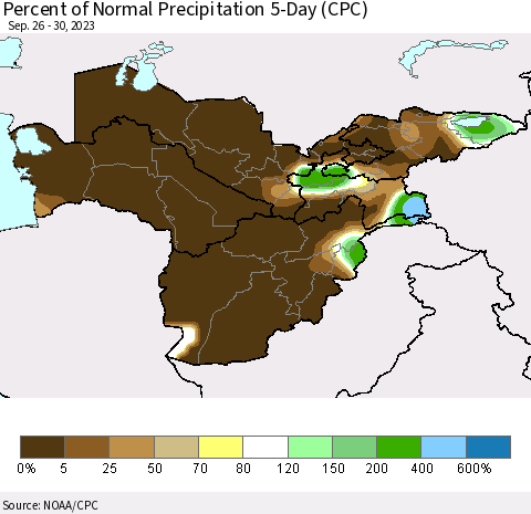 Central Asia Percent of Normal Precipitation 5-Day (CPC) Thematic Map For 9/26/2023 - 9/30/2023