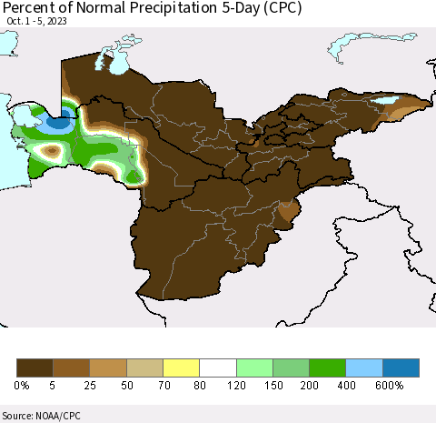 Central Asia Percent of Normal Precipitation 5-Day (CPC) Thematic Map For 10/1/2023 - 10/5/2023