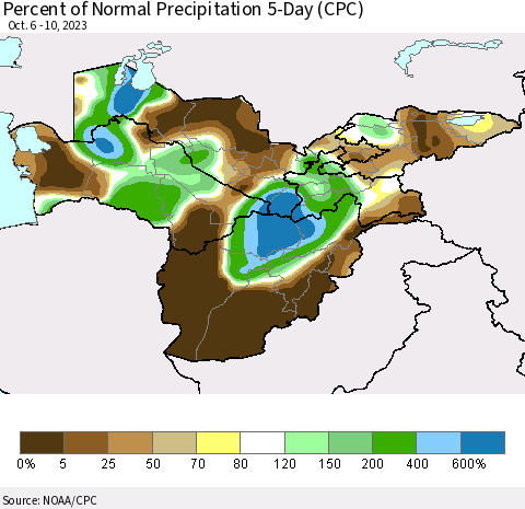 Central Asia Percent of Normal Precipitation 5-Day (CPC) Thematic Map For 10/6/2023 - 10/10/2023
