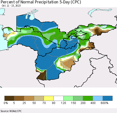 Central Asia Percent of Normal Precipitation 5-Day (CPC) Thematic Map For 10/11/2023 - 10/15/2023