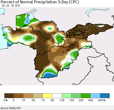 Central Asia Percent of Normal Precipitation 5-Day (CPC) Thematic Map For 10/16/2023 - 10/20/2023