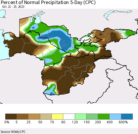Central Asia Percent of Normal Precipitation 5-Day (CPC) Thematic Map For 10/21/2023 - 10/25/2023