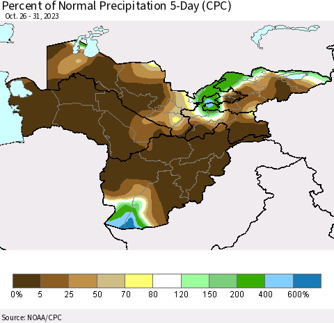 Central Asia Percent of Normal Precipitation 5-Day (CPC) Thematic Map For 10/26/2023 - 10/31/2023
