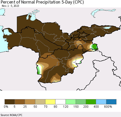 Central Asia Percent of Normal Precipitation 5-Day (CPC) Thematic Map For 11/1/2023 - 11/5/2023