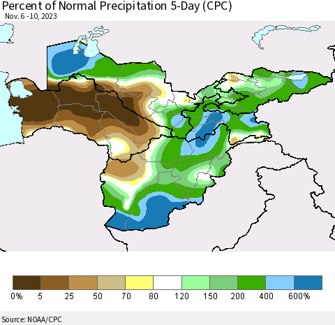 Central Asia Percent of Normal Precipitation 5-Day (CPC) Thematic Map For 11/6/2023 - 11/10/2023