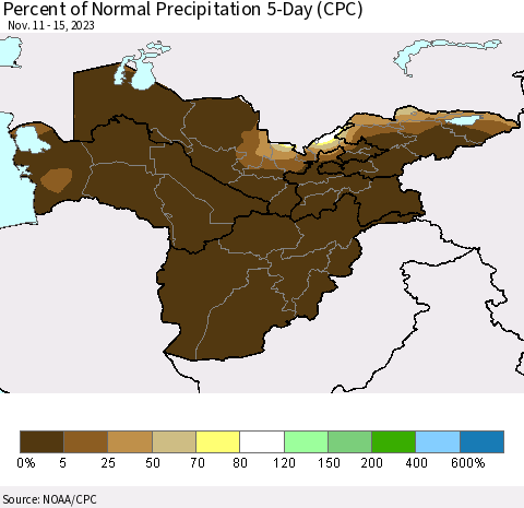 Central Asia Percent of Normal Precipitation 5-Day (CPC) Thematic Map For 11/11/2023 - 11/15/2023