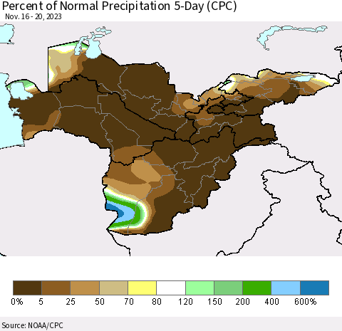 Central Asia Percent of Normal Precipitation 5-Day (CPC) Thematic Map For 11/16/2023 - 11/20/2023