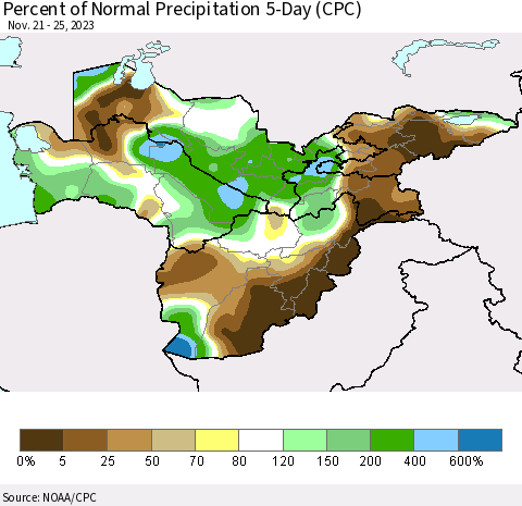 Central Asia Percent of Normal Precipitation 5-Day (CPC) Thematic Map For 11/21/2023 - 11/25/2023