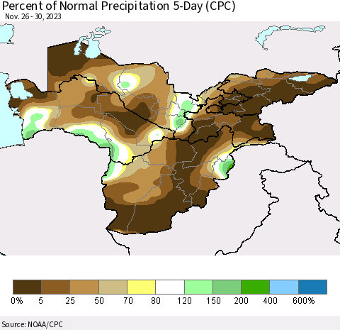 Central Asia Percent of Normal Precipitation 5-Day (CPC) Thematic Map For 11/26/2023 - 11/30/2023