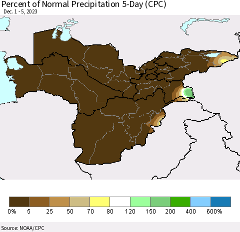 Central Asia Percent of Normal Precipitation 5-Day (CPC) Thematic Map For 12/1/2023 - 12/5/2023