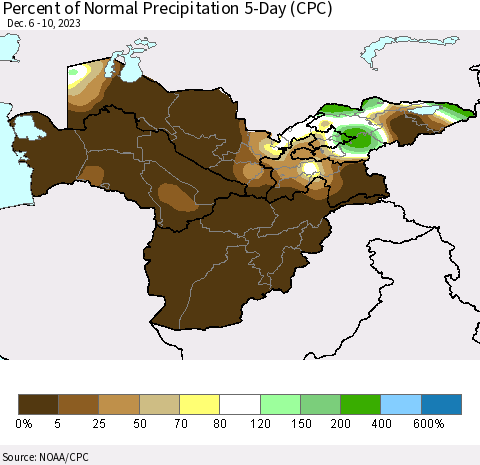 Central Asia Percent of Normal Precipitation 5-Day (CPC) Thematic Map For 12/6/2023 - 12/10/2023