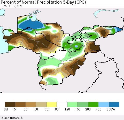 Central Asia Percent of Normal Precipitation 5-Day (CPC) Thematic Map For 12/11/2023 - 12/15/2023