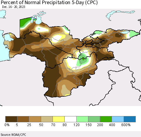 Central Asia Percent of Normal Precipitation 5-Day (CPC) Thematic Map For 12/16/2023 - 12/20/2023